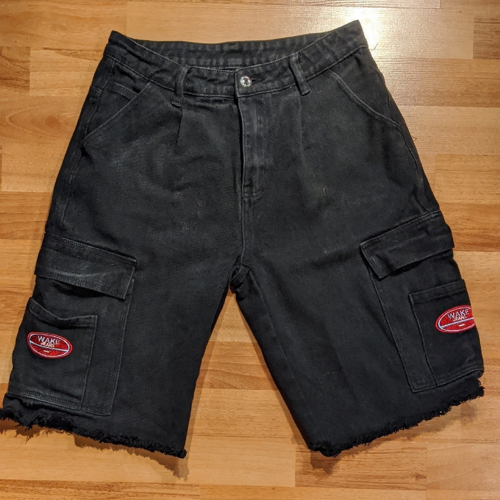 Black Jean Shorts with Distressed Hem and Belt Loops